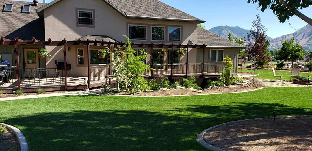 Backyard with pergola and lush green lawn